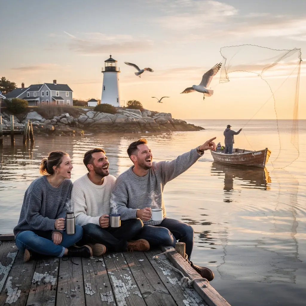 Пейзаж прибрежной деревни Новой Англии с маяком на фоне заката.