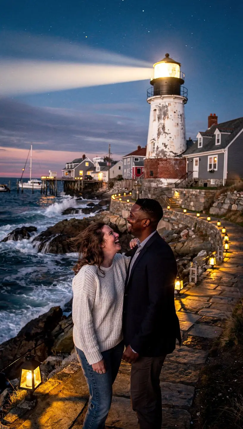 Маленький прибрежный город с красочными домами и маяком на фоне моря.