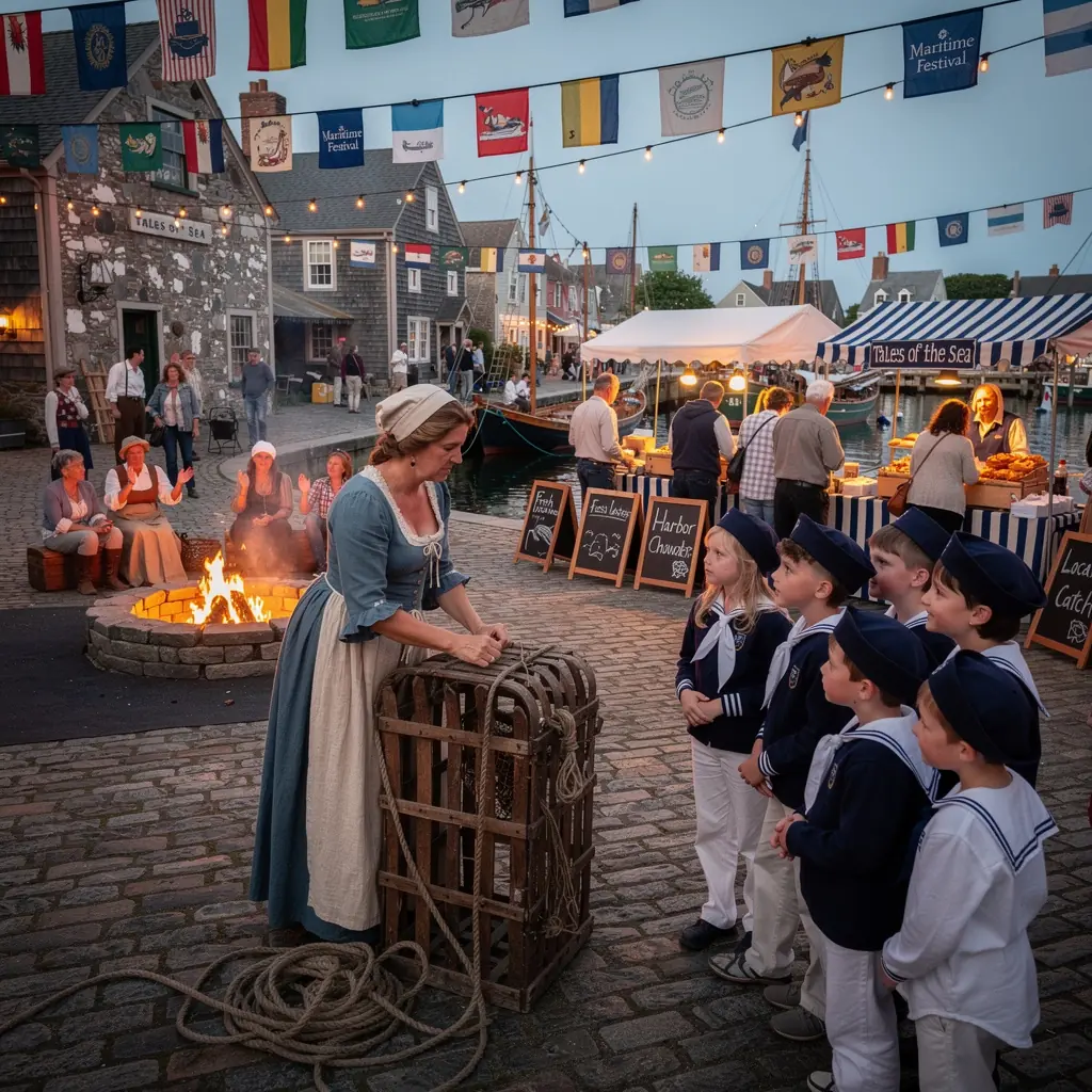 Маленькая прибрежная деревня с живописными домиками и маяком на фоне заката.