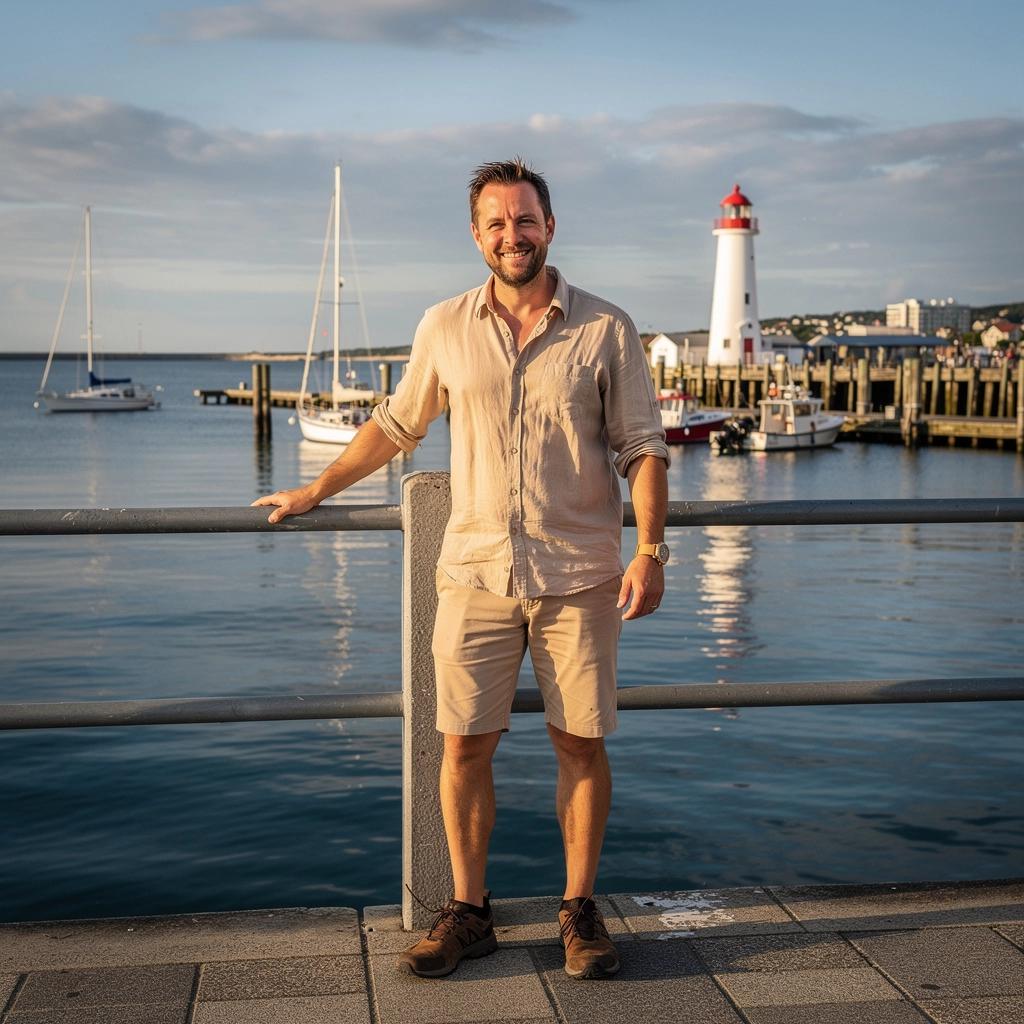 Панорама живописного побережья Новой Англии с кораблями в гавани.