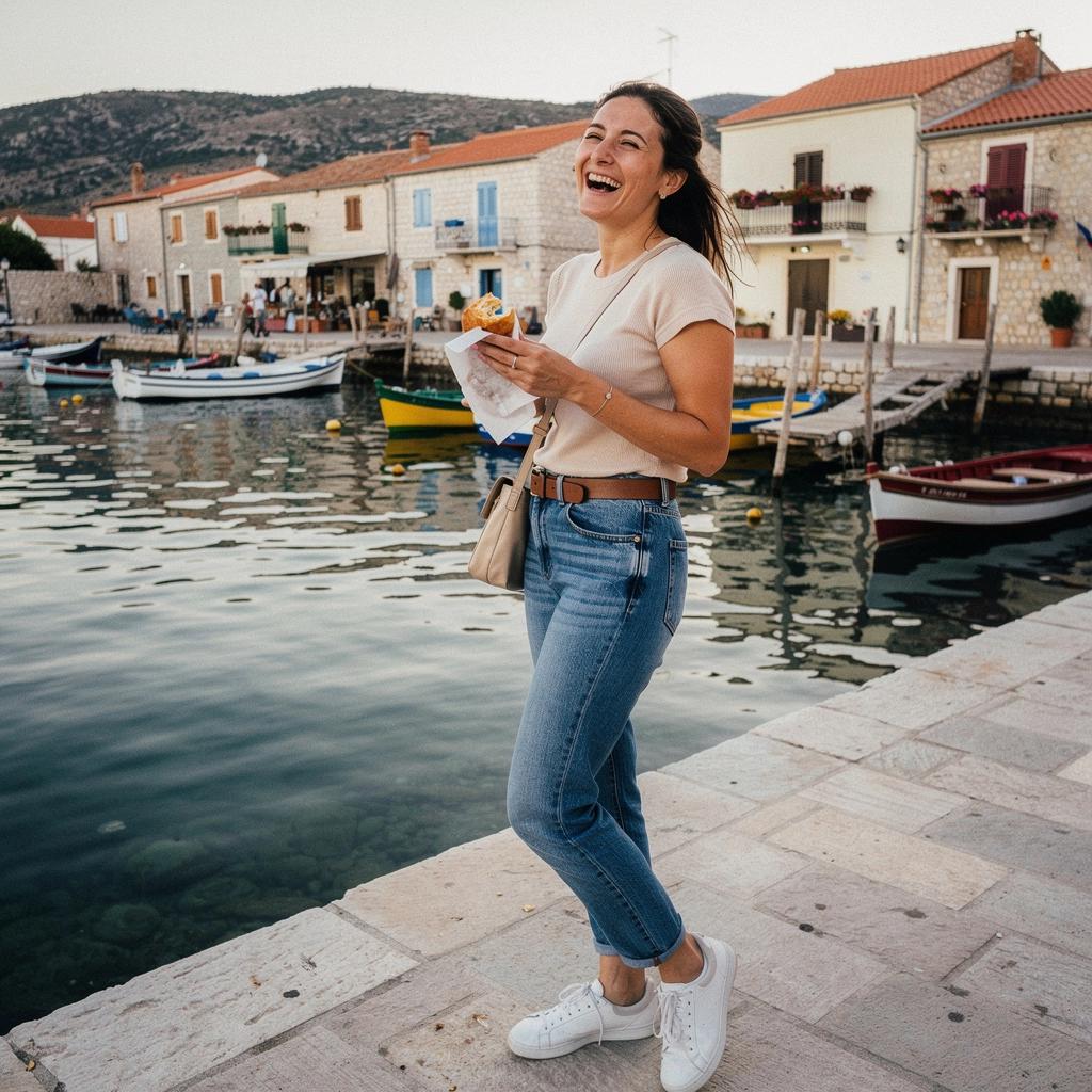 Уютная улочка прибрежного города с магазинами и кафе, полными туристов.